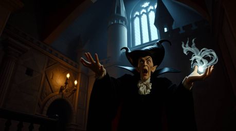 Experience a captivating fine art photograph depicting a classic Disney villain casting a spell within the aged walls of an a