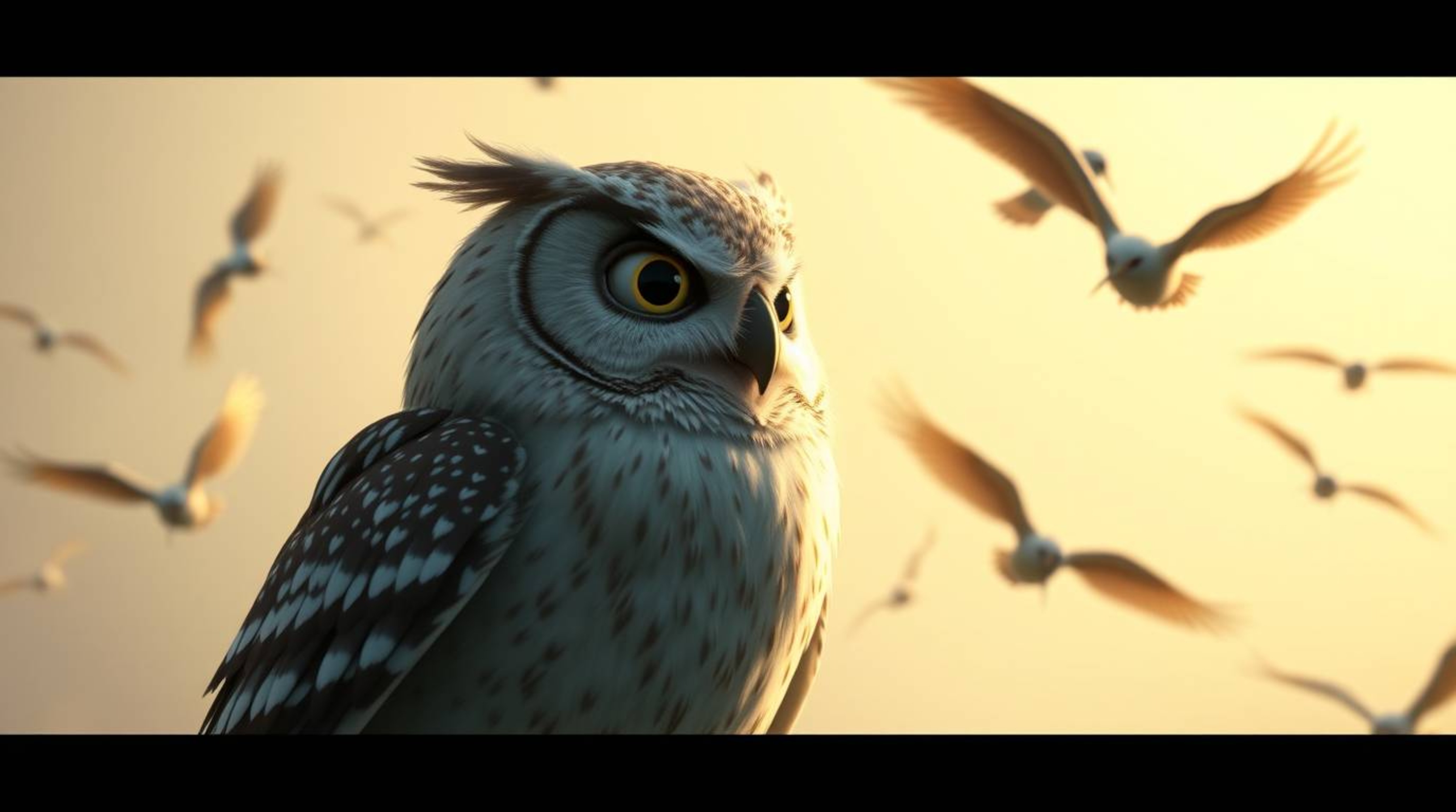 A heartwarming Pixar-style image featuring a blind owl, with soft, diffused light enhancing its gentle expression. Despite it