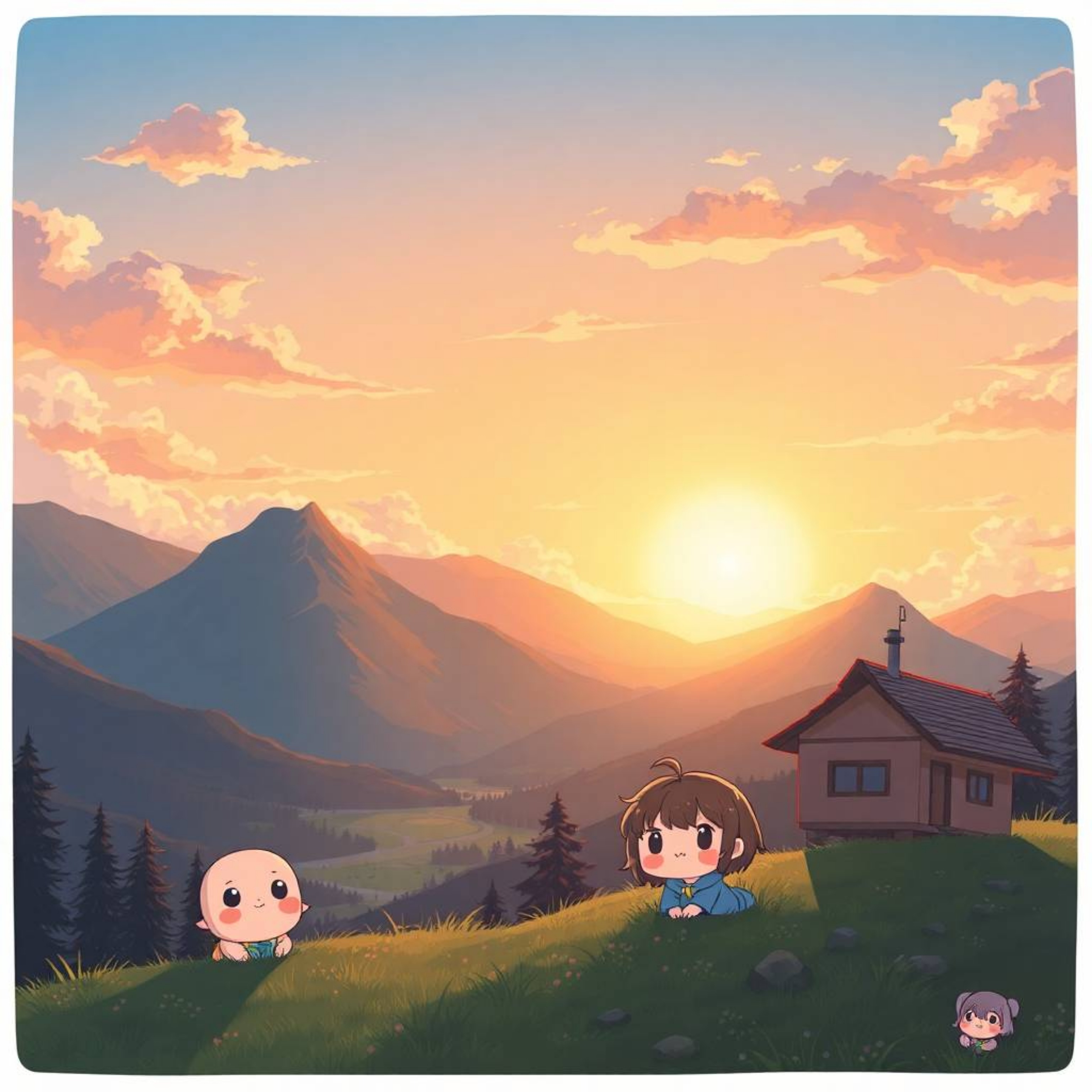 Immerse yourself in an adorable and cute Isekai anime-style illustration that captures the beauty of a sunset over a quiet mo