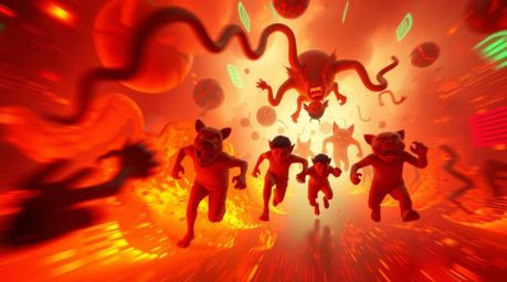 Experience a dynamic chase scene brought to life with exaggerated squash and stretch animation, bathed in the warm, biolumine