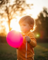 A captivating image featuring a child holding a balloon bathed in the warm, soft light of golden hour. The scene is filled wi