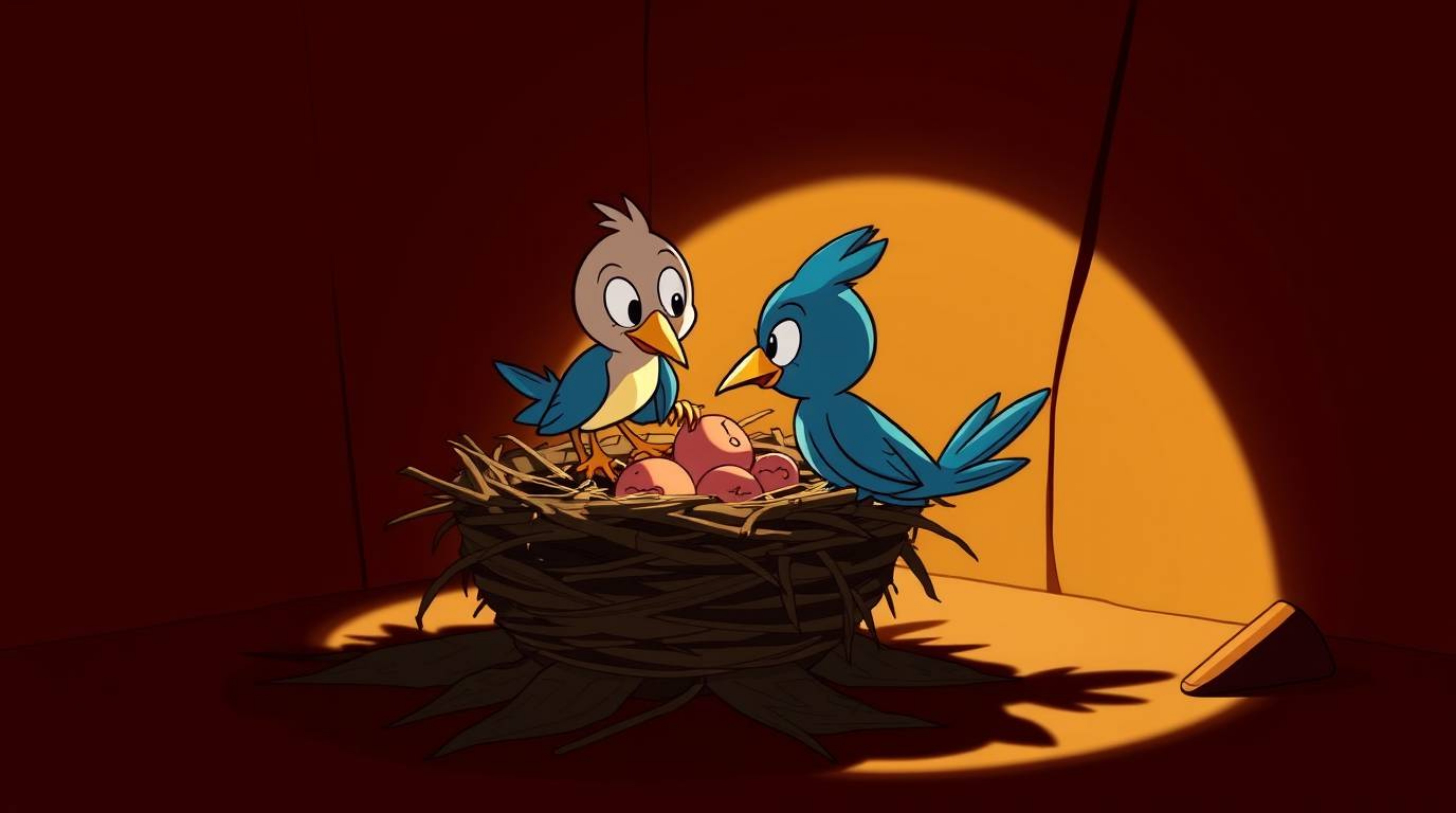 A captivating 16:9 animation showcasing two cartoon birds diligently constructing a nest.  Rendered in a classic animation st