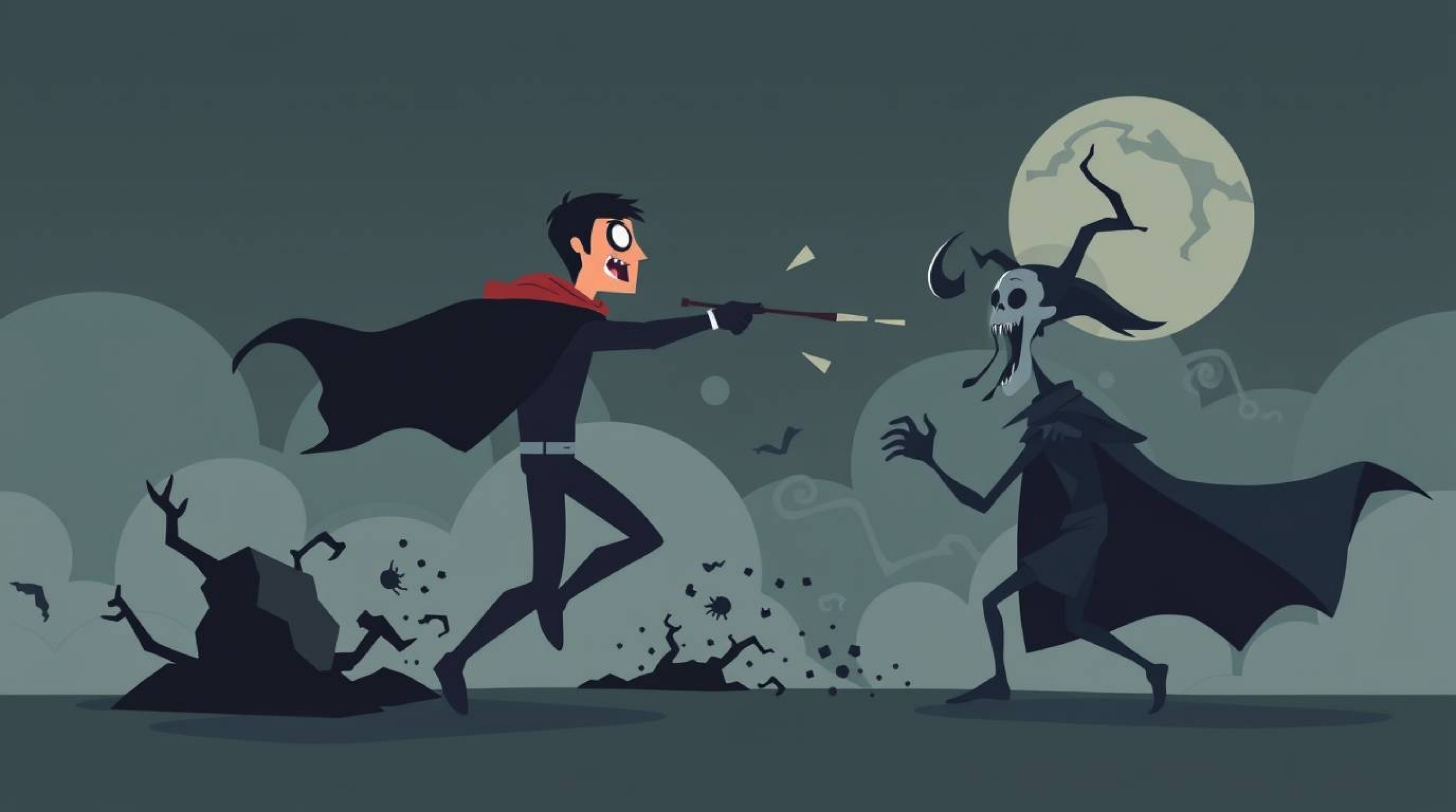 This modern flat design illustration depicts a superhero bravely battling a silly villain in an eerie and creepy atmosphere. 
