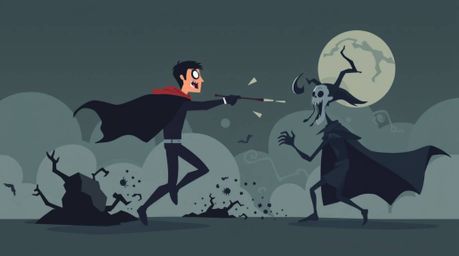 This modern flat design illustration depicts a superhero bravely battling a silly villain in an eerie and creepy atmosphere. 