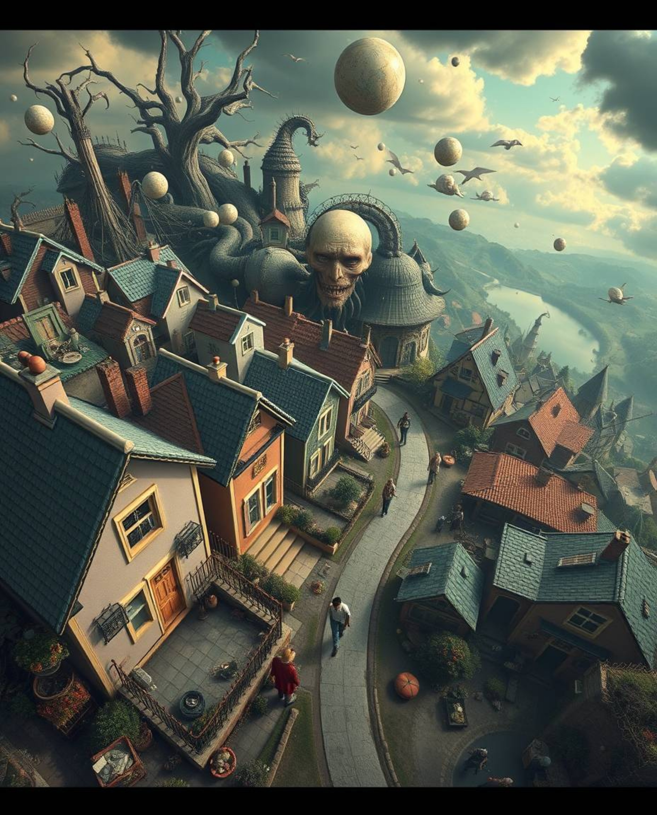 Discover a whimsical, high-angle view of a sleepy town, rendered in a dreamlike watercolor style. Pastel-colored houses, biza