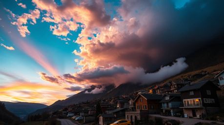 Experience a breathtaking cinematic portrayal of a cozy village nestled in a picturesque valley. Bathed in the vibrant hues o