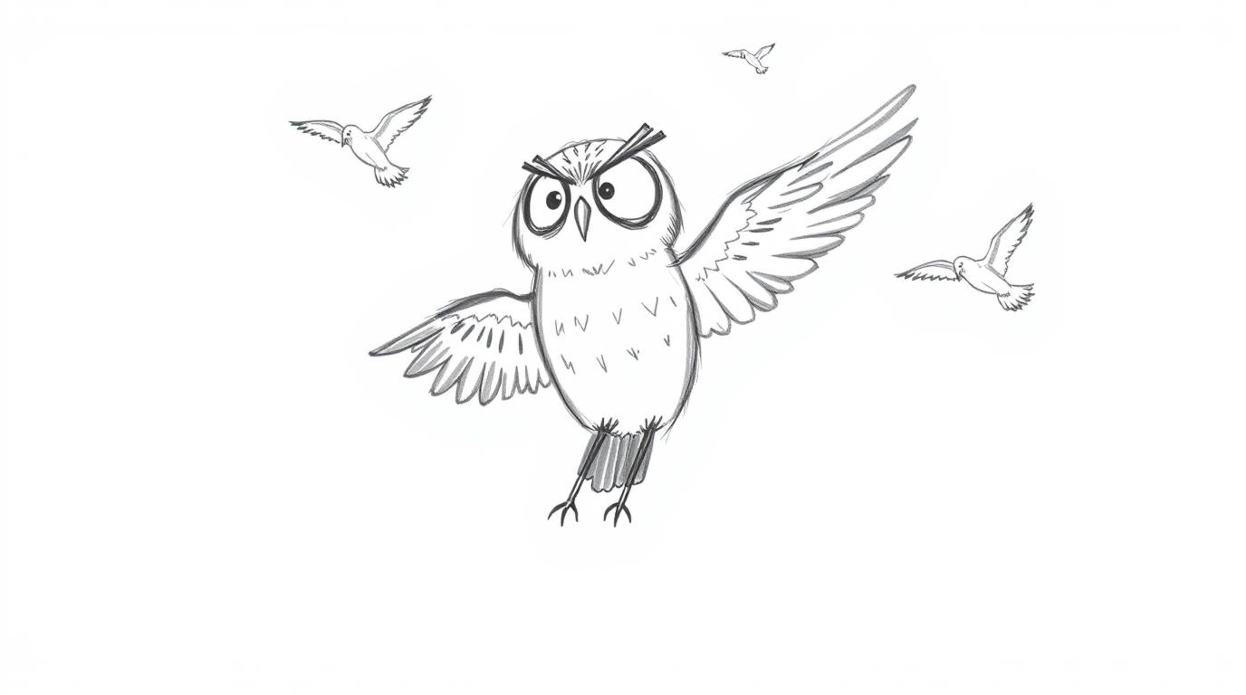 A hand-drawn sketch in the style of Pixar depicts a wise, blind owl guiding birds in flight. The owl's simplified features ar