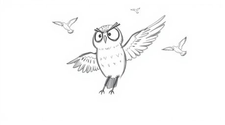 A hand-drawn sketch in the style of Pixar depicts a wise, blind owl guiding birds in flight. The owl's simplified features ar