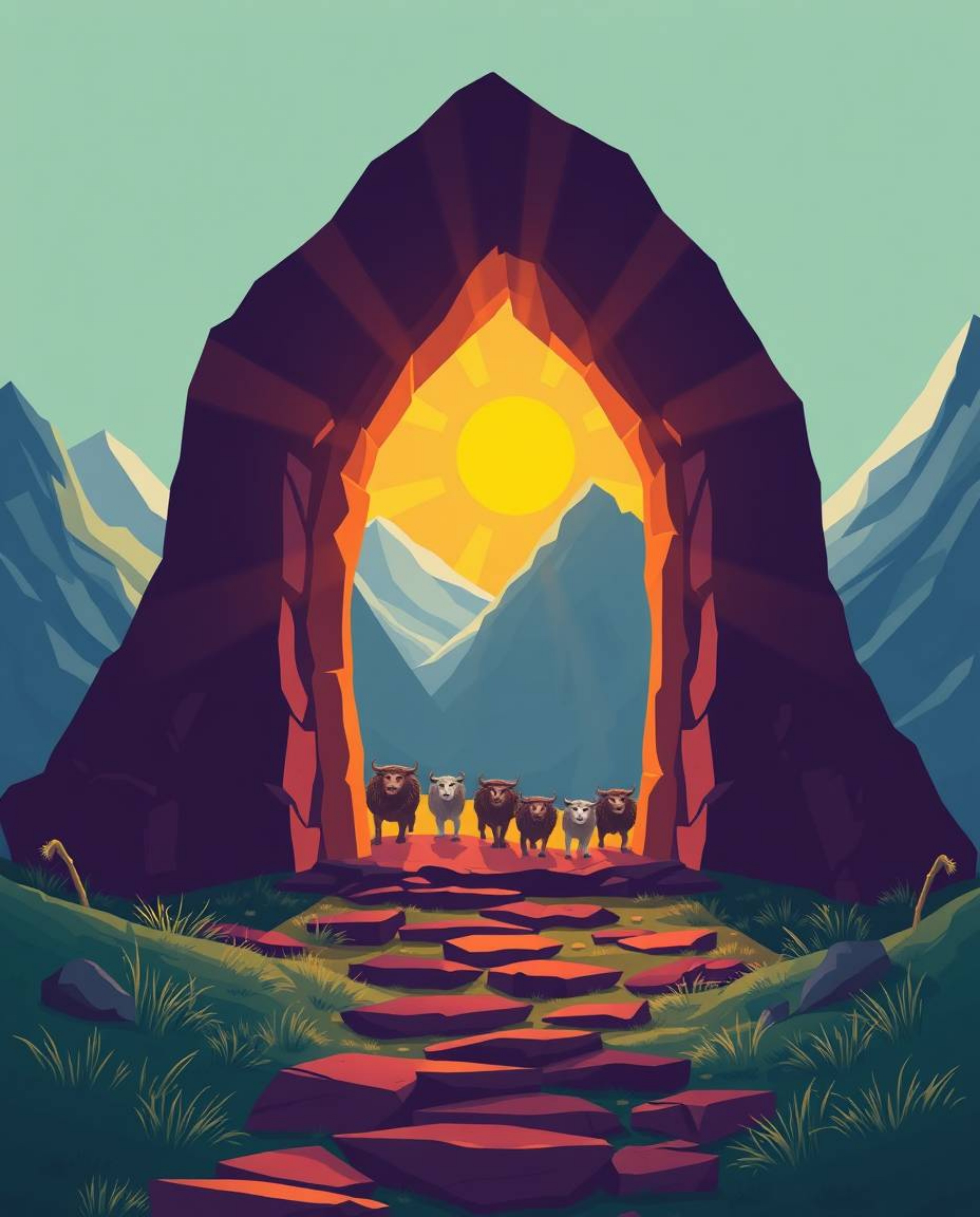 This modern flat design illustration features an ancient doorway glowing with runes embedded in the side of a mountain. The a