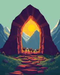 This modern flat design illustration features an ancient doorway glowing with runes embedded in the side of a mountain. The a