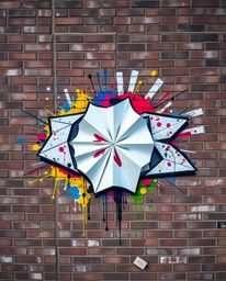 Overhead view showcasing intricate origami-style graffiti on a brick wall. This artwork features colorful splashes and a fold