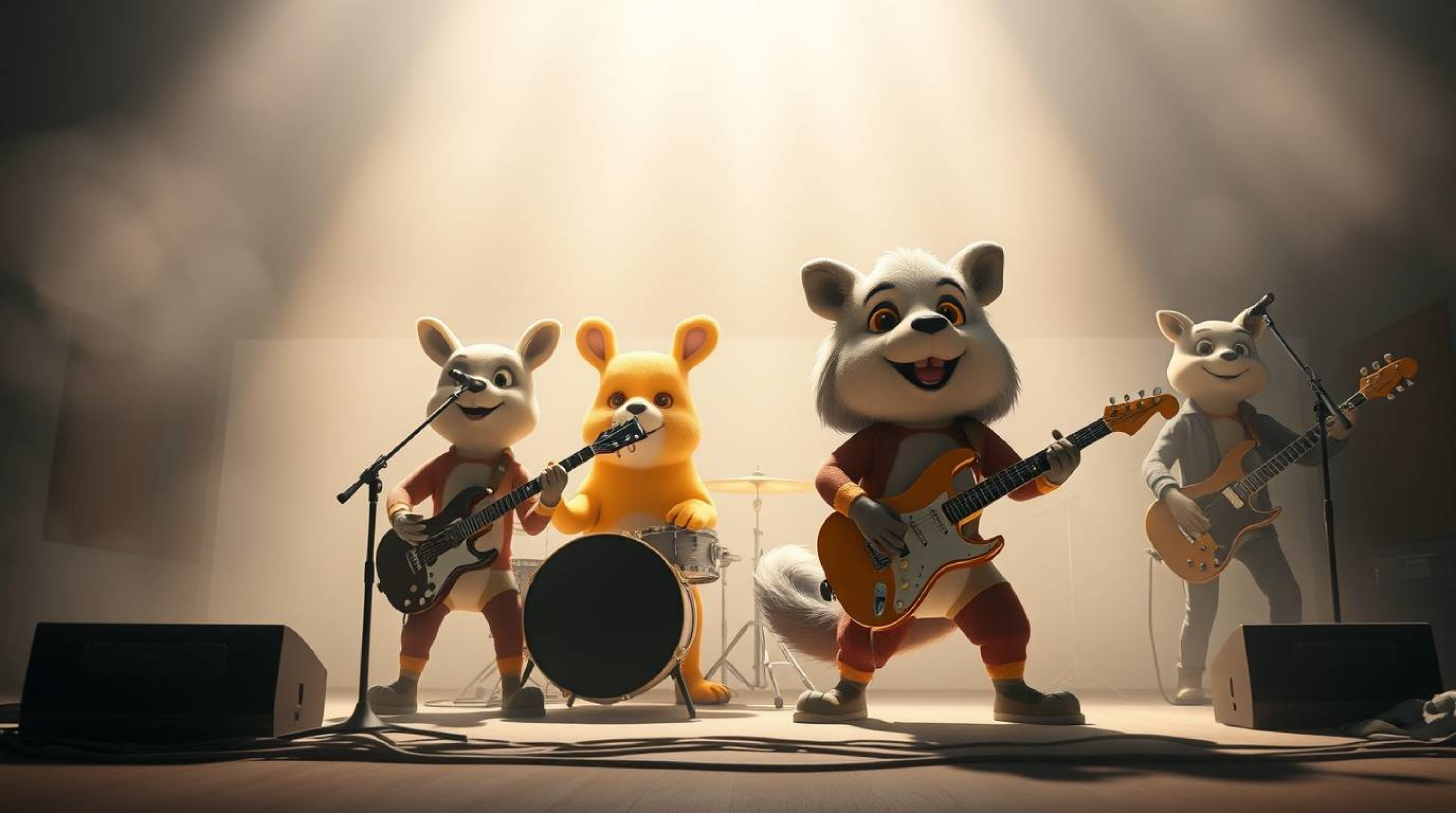 This high-resolution stock photo features a charming band of cartoon animals passionately playing rock music in a soft, dream