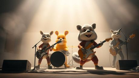This high-resolution stock photo features a charming band of cartoon animals passionately playing rock music in a soft, dream