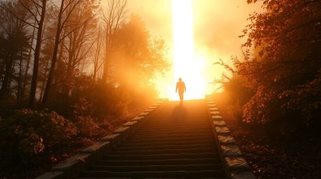 A lone figure ascends a stone staircase bathed in a divine beam of light, set against a backdrop of warm autumn colors and di
