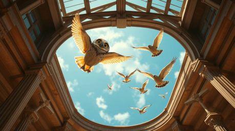 A visually stunning architectural color photograph showcases a blind owl, rendered in a charming Pixar style, engaging in the
