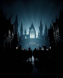 Capture the enchanting allure of a magical school teeming with young wizards, silhouetted against a backdrop of distinct spli