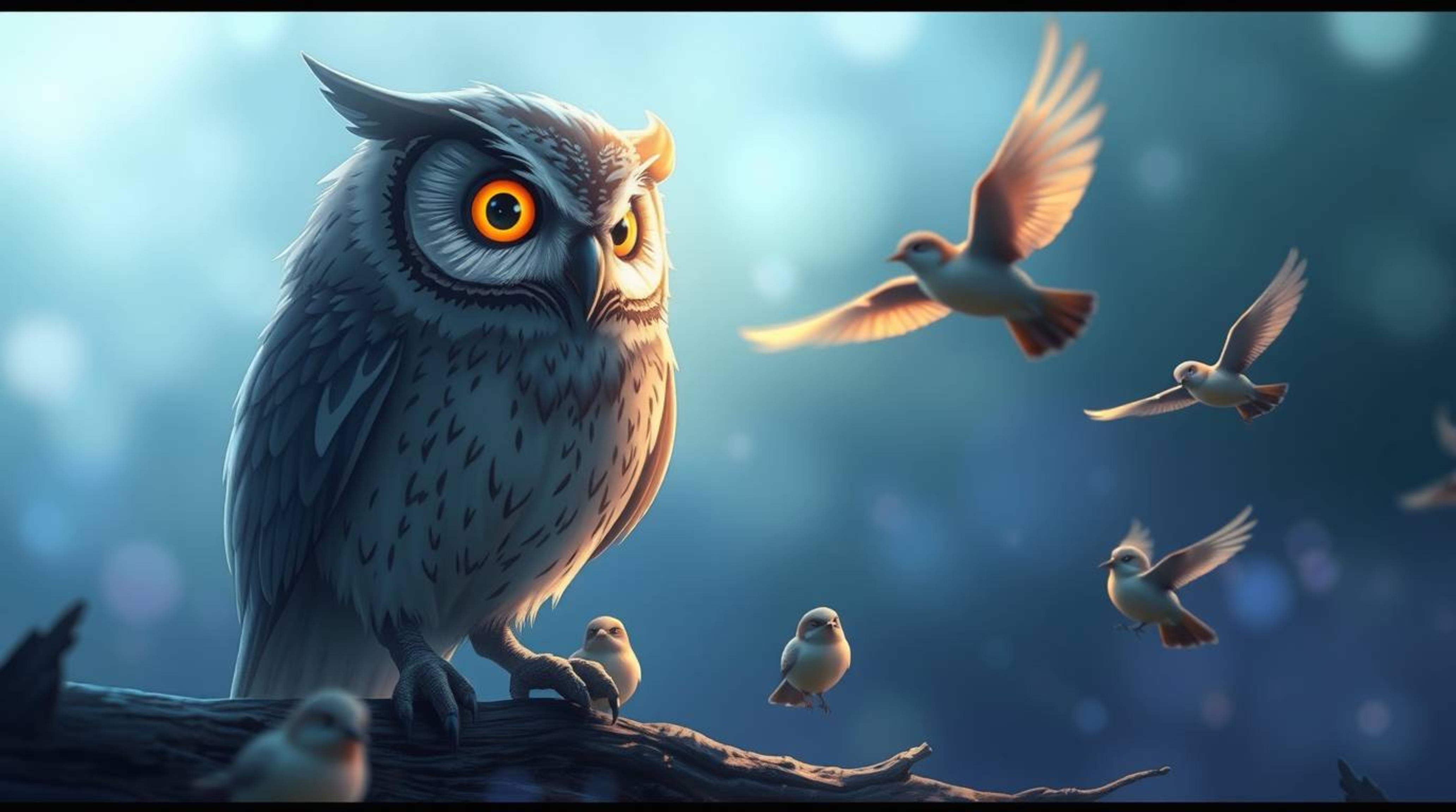 This stunning Pixar-style illustration portrays a majestic blind owl, rendered with soft, flowing lines and subtle light high