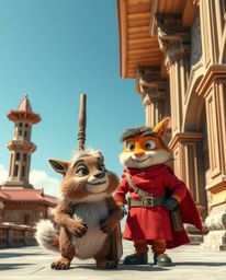 Discover stunning architectural color photography depicting a talking animal sidekick with expressive eyes assisting a heroic