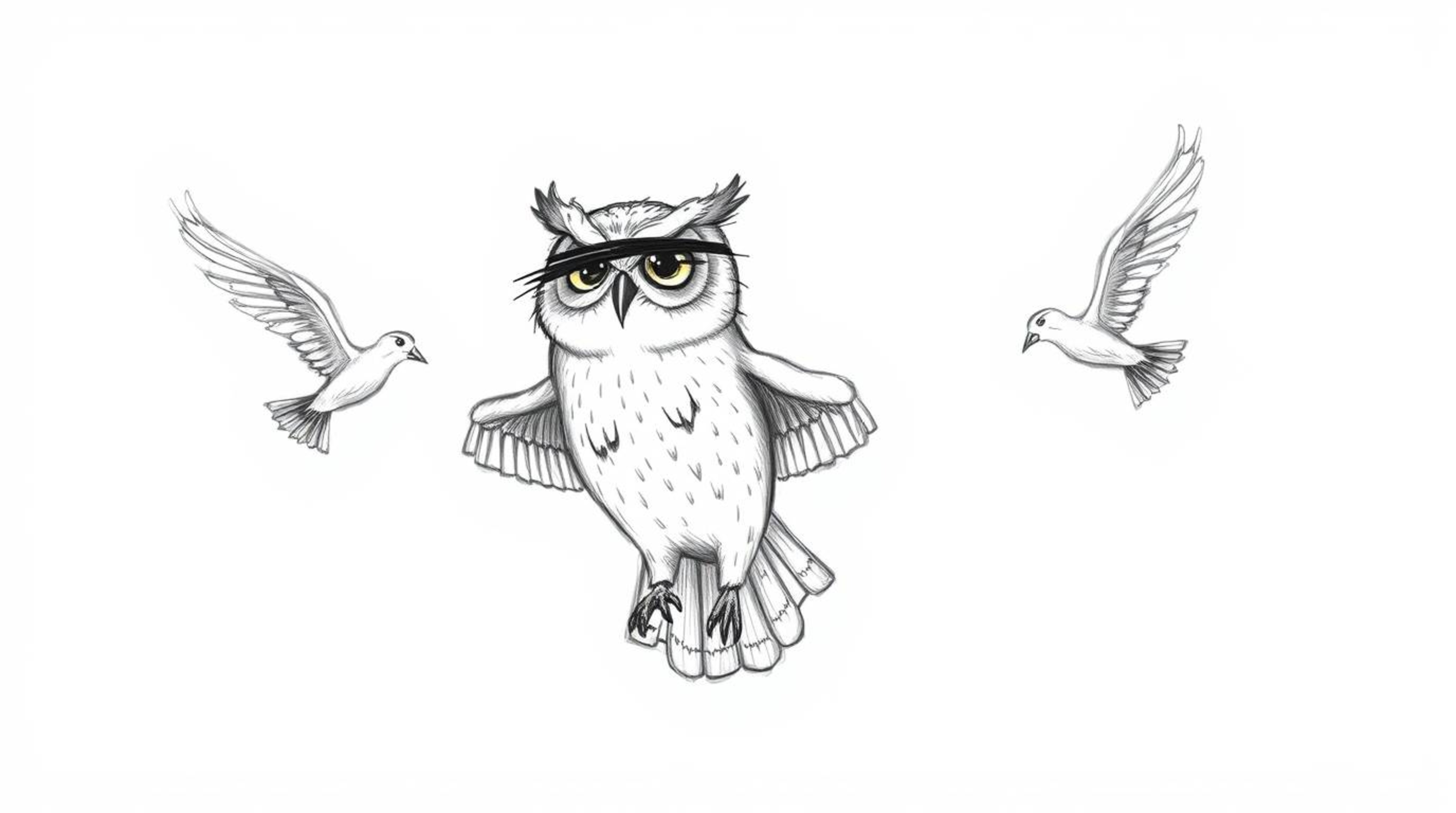 A captivating Pixar-style hand-drawn sketch features a blind owl, meticulously rendered with textured pencil strokes and roug
