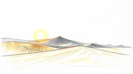 This artwork portrays a hand-drawn sketch of a breathtaking desert sunset over golden dunes. The piece emphasizes graceful an