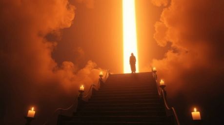 A lone figure is depicted ascending a weathered stone staircase, bathed in the radiant glow of a divine light beam. The scene