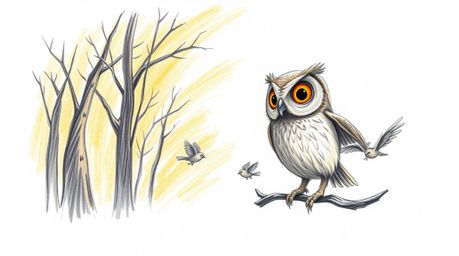 A heartwarming hand-drawn sketch in the style of Pixar depicts a wise, blind owl with expressive eyes guiding several small b