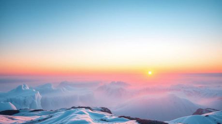 A breathtaking high-resolution stock photo depicting a dreamy sunset over icy glaciers in the polar region.  Soft pastel colo