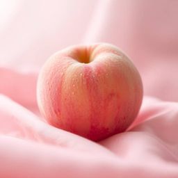 A close-up ASMR image presents a soft, blushing pink peach adorned with a fuzzy texture and glistening condensation, resting 