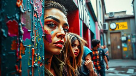A captivating close-up shot of a bold acrylic painting depicting rebellious teens in a grungy city alley.  The artwork showca