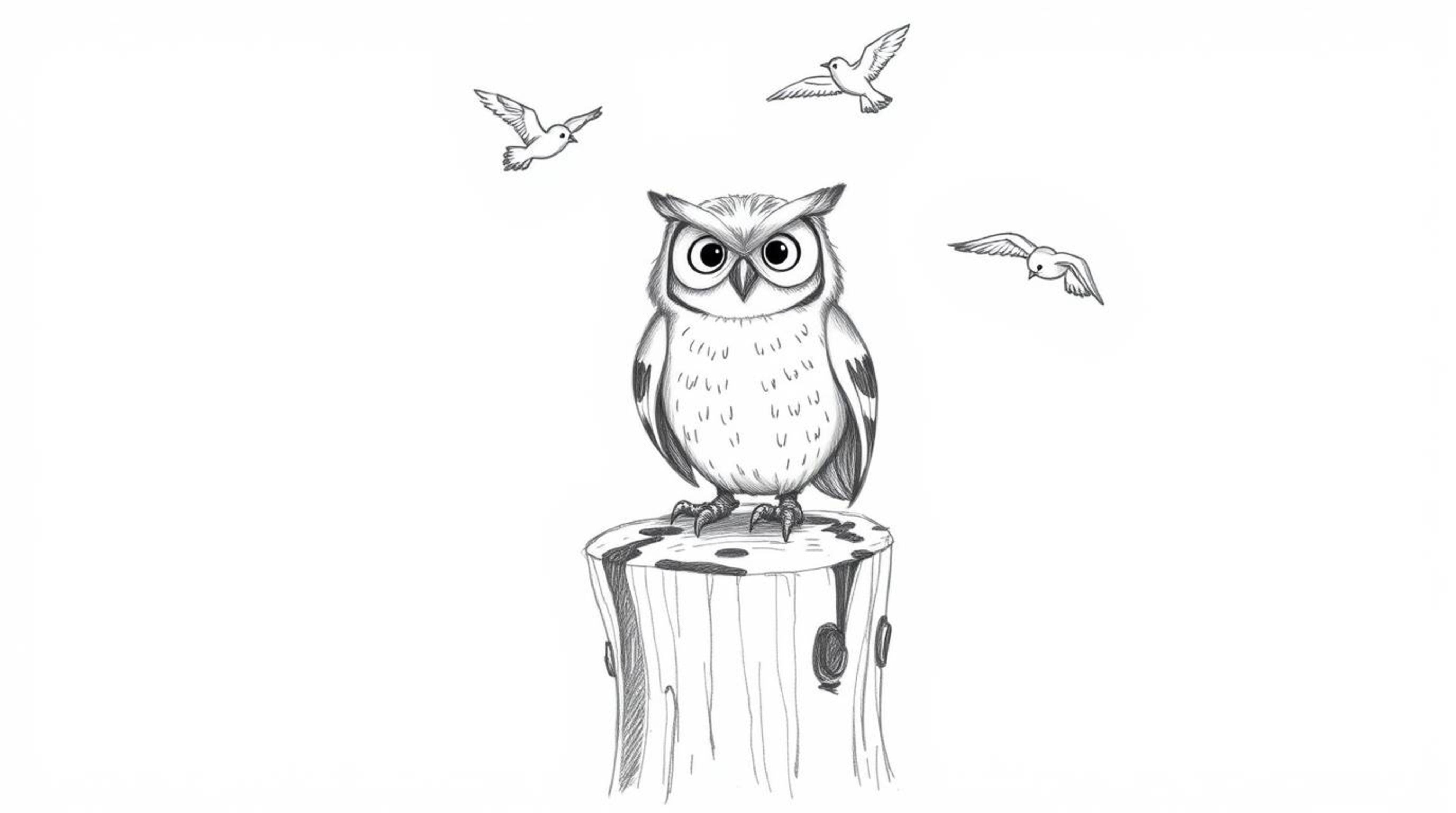 A heartwarming hand-drawn pencil sketch depicting a joyful blind owl in a Pixar-inspired style, perched on a tree stump. This