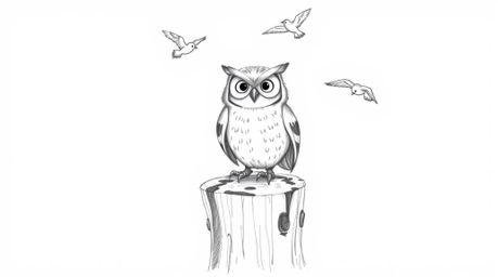 A heartwarming hand-drawn pencil sketch depicting a joyful blind owl in a Pixar-inspired style, perched on a tree stump. This