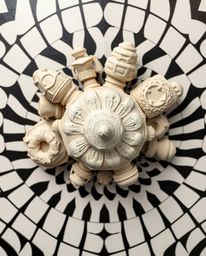 A captivating overhead bird's eye view captures sculptural clay art featuring intricately modeled shapes and textured surface