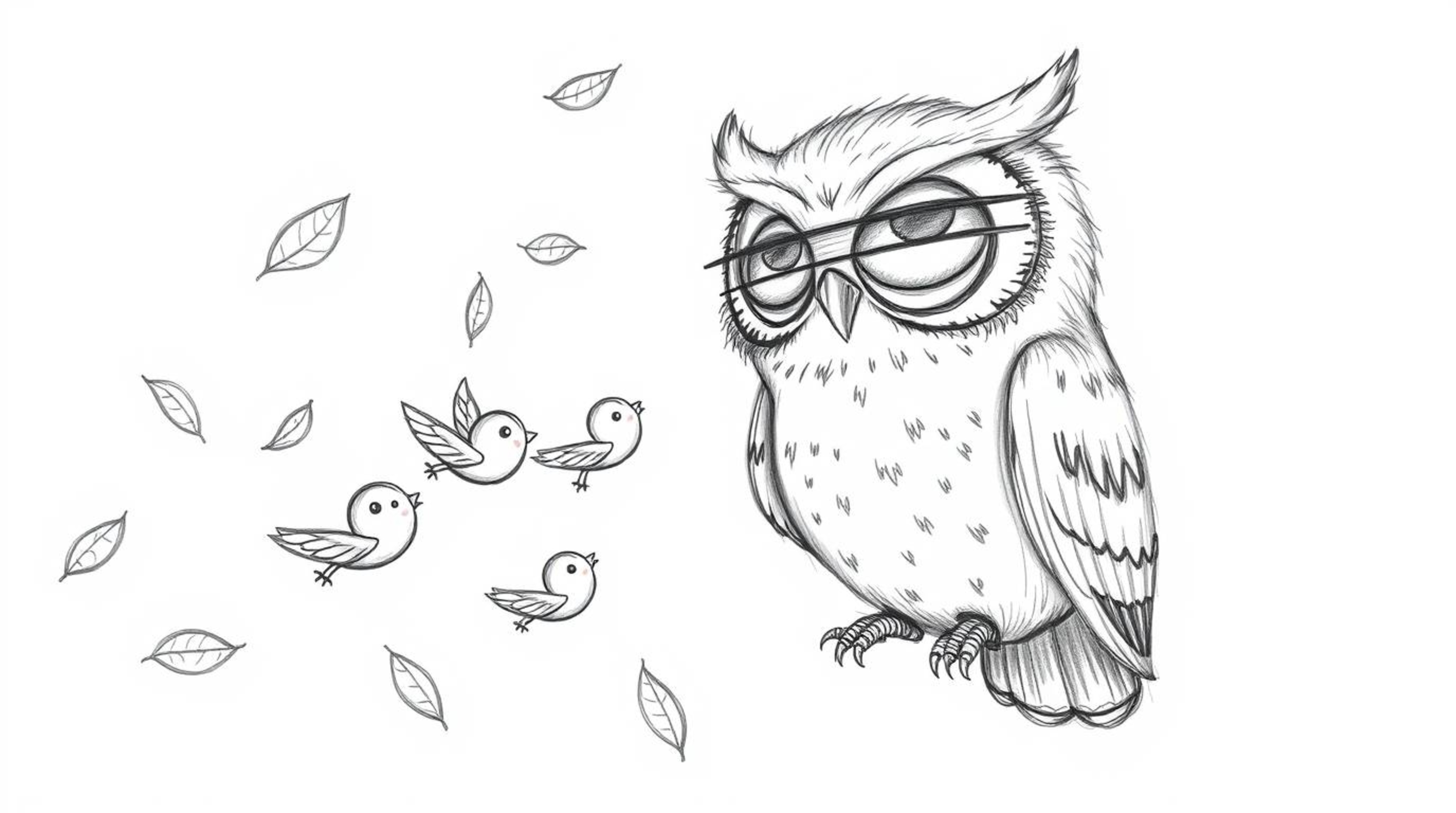 This hand-drawn pencil sketch depicts a heartwarming scene: a blind owl, rendered in the soft, rounded style of Pixar, gently