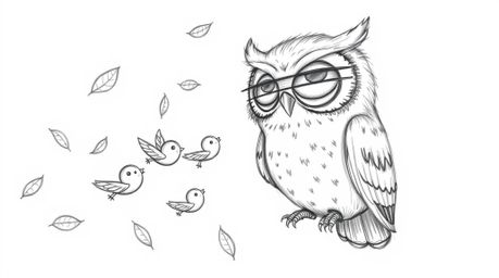 This hand-drawn pencil sketch depicts a heartwarming scene: a blind owl, rendered in the soft, rounded style of Pixar, gently