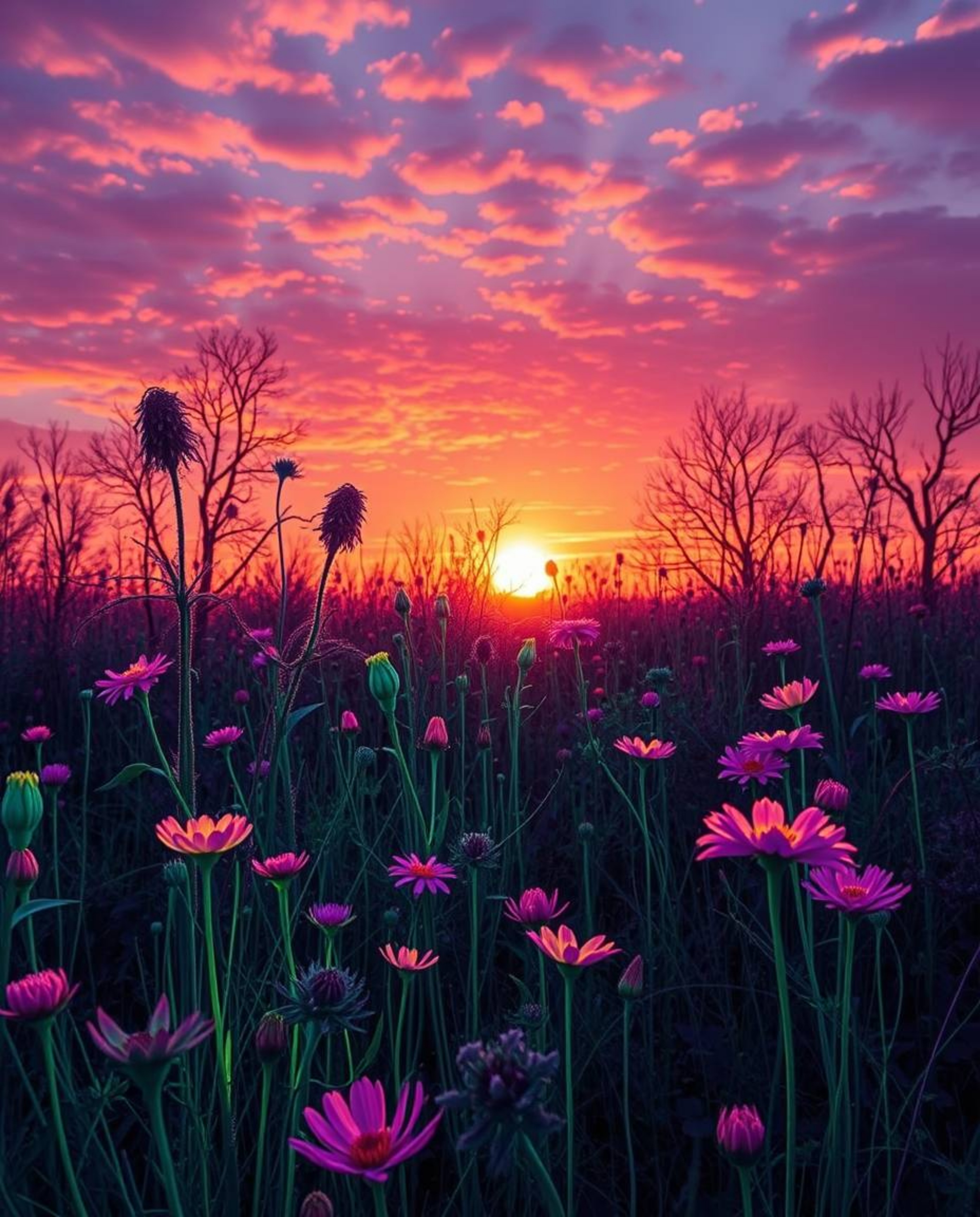 A surreal infrared image captures a spring wildflower meadow at sunset, distinguished by glowing bioluminescent colors that c
