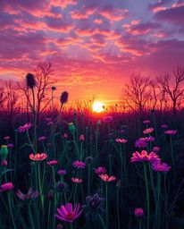 A surreal infrared image captures a spring wildflower meadow at sunset, distinguished by glowing bioluminescent colors that c