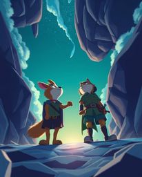 A dramatic low-angle perspective showcasing a hero on their journey with a talking animal sidekick, rendered in calming blues