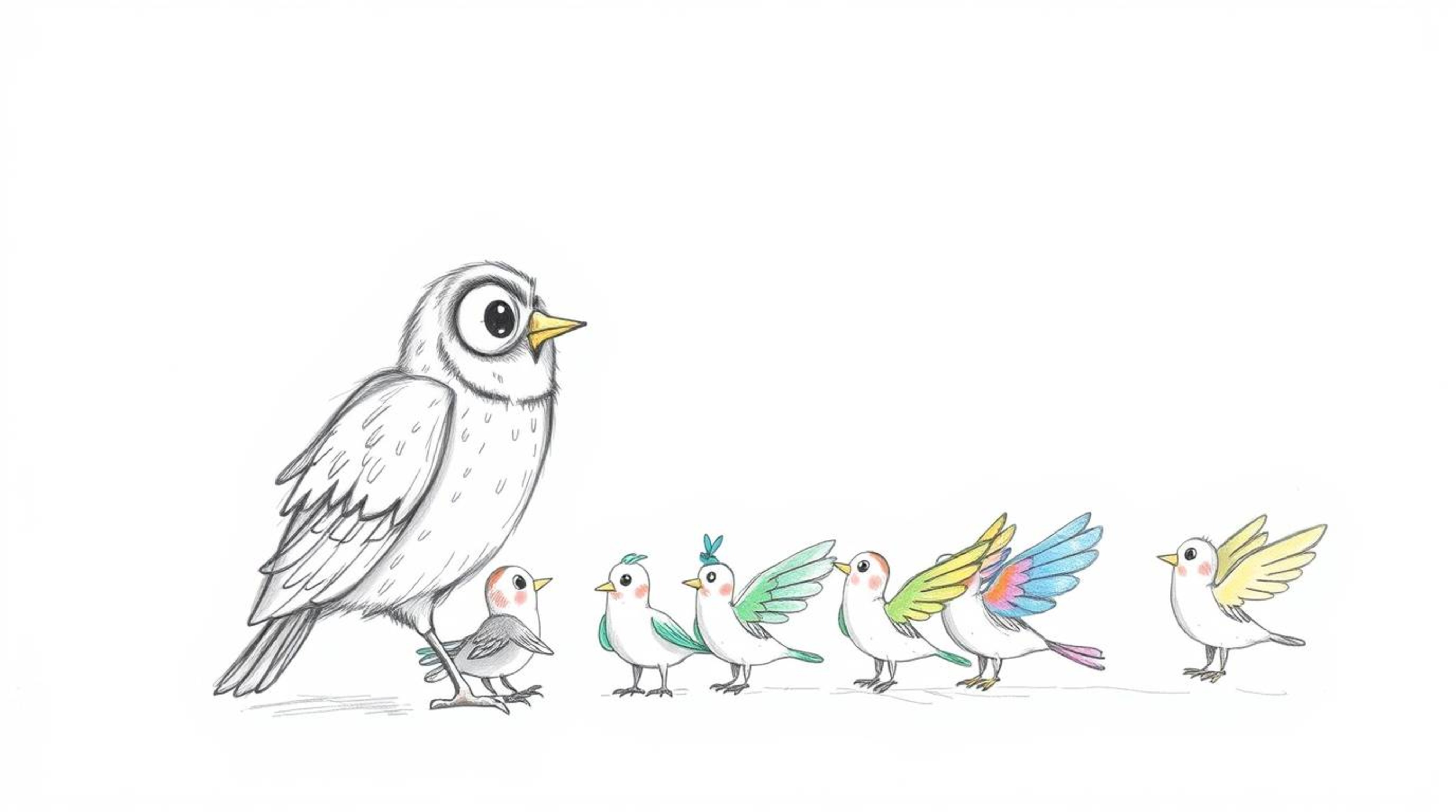 A heartwarming hand-drawn sketch in the style of Pixar depicts a blind owl with soft, feathery textures passionately teaching