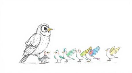 A heartwarming hand-drawn sketch in the style of Pixar depicts a blind owl with soft, feathery textures passionately teaching