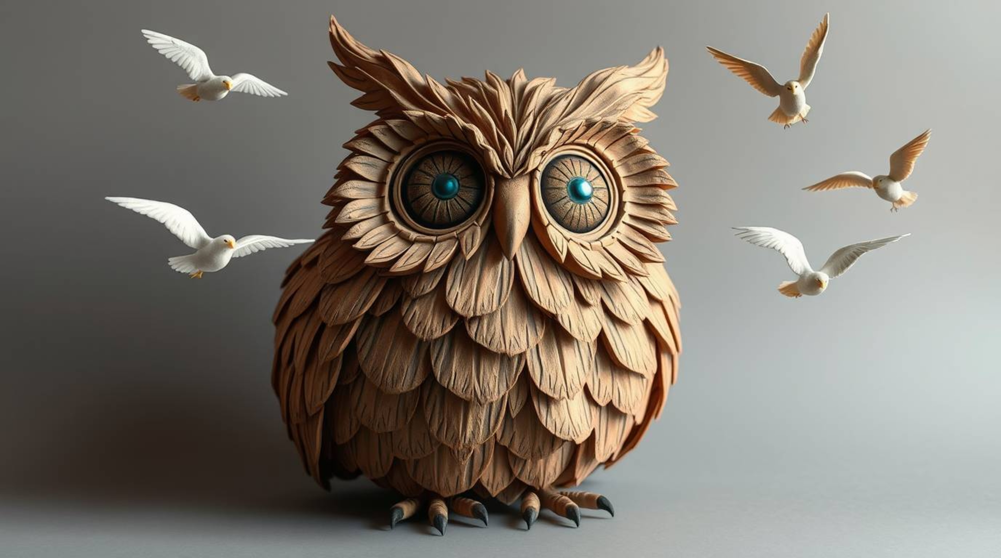 This layered papier-mâché sculpture features a textured, Pixar-esque blind owl designed to encourage birds in flight.  Sculpt