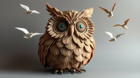 This layered papier-mâché sculpture features a textured, Pixar-esque blind owl designed to encourage birds in flight.  Sculpt