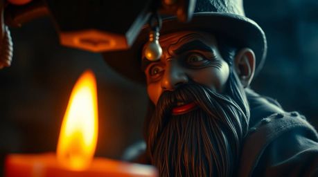 A macro close-up image showcasing an anvil poised to drop on a trickster character, illuminated by warm candlelight and flick