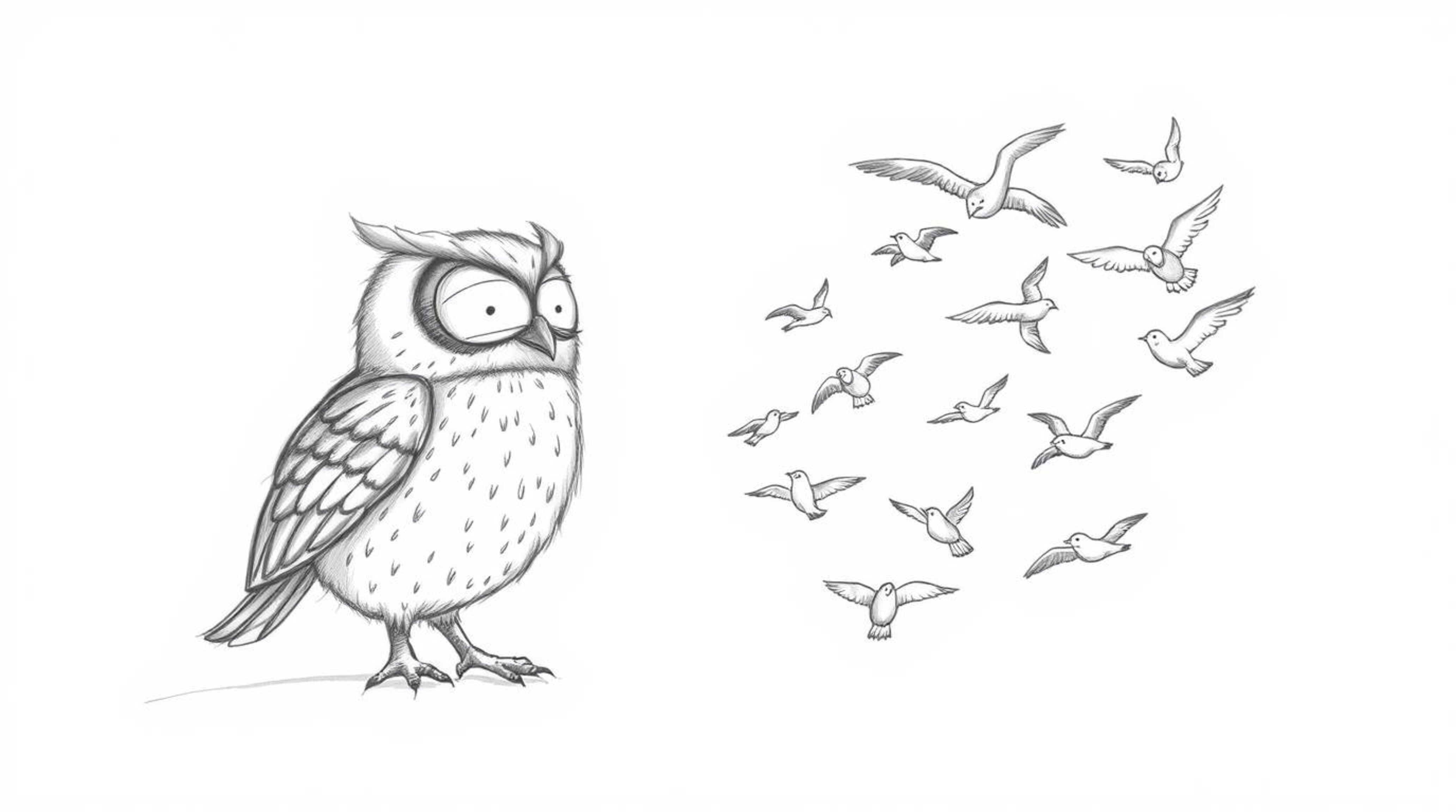 A heartwarming hand-drawn pencil sketch depicting a blind owl in a Pixar-inspired style. The owl, with its soft, rounded feat