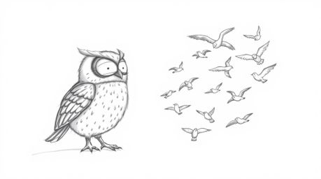 A heartwarming hand-drawn pencil sketch depicting a blind owl in a Pixar-inspired style. The owl, with its soft, rounded feat