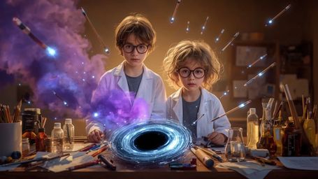 In a vibrant, cinematic photograph rendered in a hyper-realistic, Pixar-inspired style, a dynamic science fair duo unwittingl