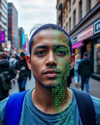 This striking street photograph captures a unique moment where a digital glitch transforms a human face into a vibrant data s