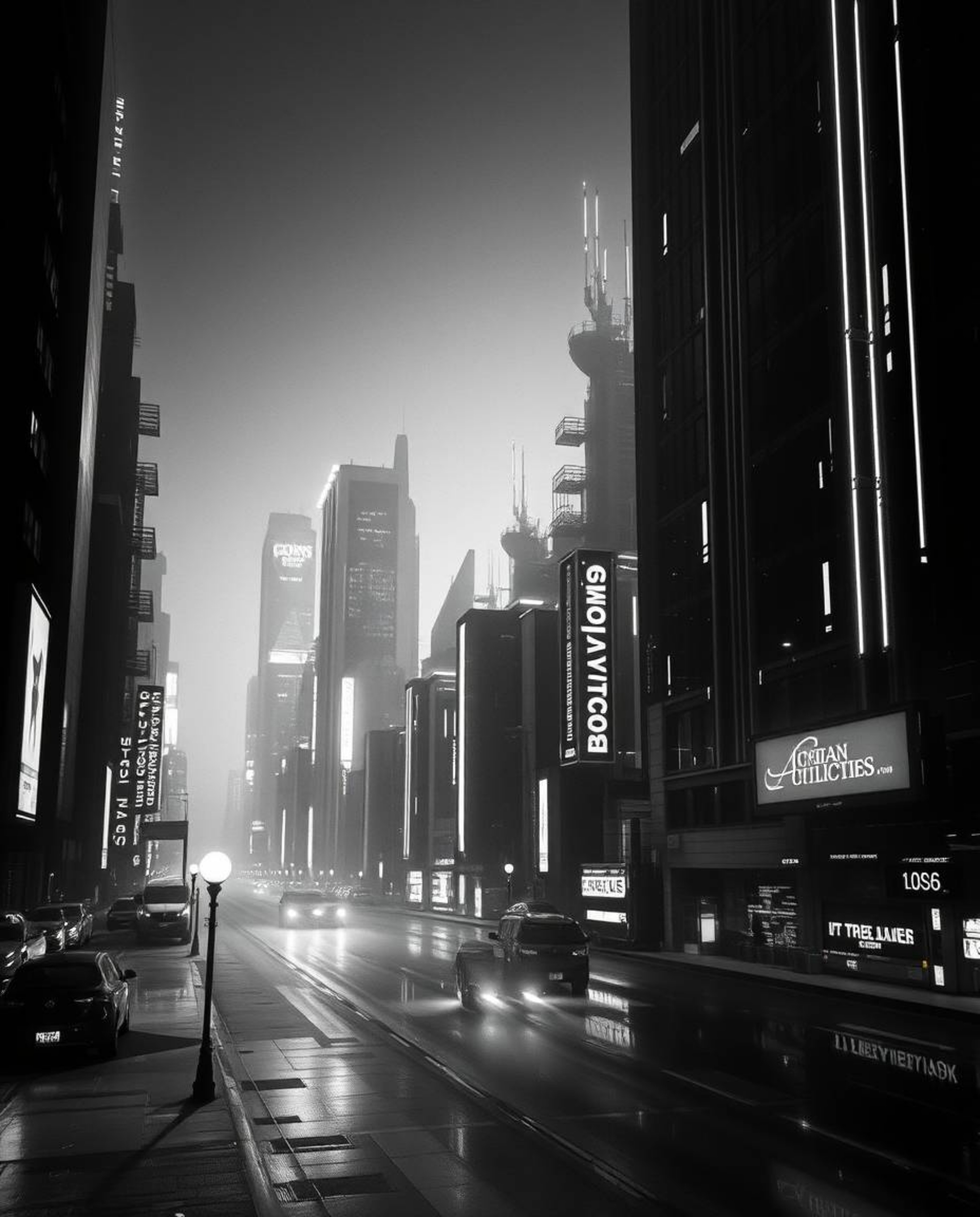 A captivating black and white image showcasing a futuristic city rendered in a subtle glitch effect.  Flickering lights and f