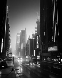 A captivating black and white image showcasing a futuristic city rendered in a subtle glitch effect.  Flickering lights and f