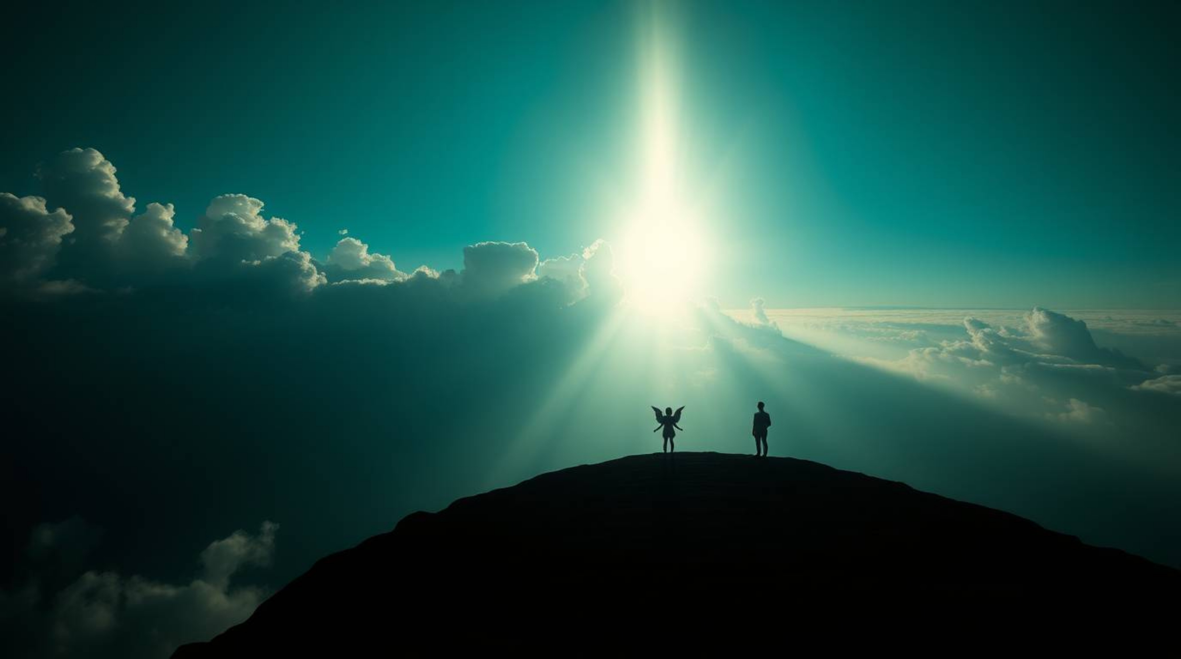 A high-angle photograph featuring a rich, deep teal color palette and silhouetted backlighting. Steps of light ascend into a 