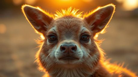 Capture the magic of warm golden hour light and the unique charm of a sarcastic animal sidekick with expressive, calm eyes.  